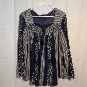Lucky Brand Blue Floral Print Tassel Neck Long Sleeve Boho Tunic Top XL